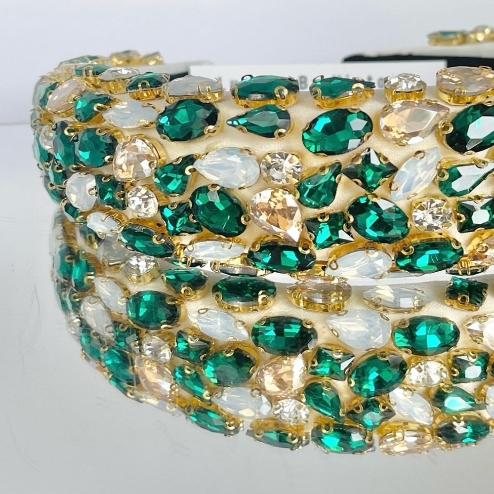Oversized green and gold and silver crystal headband hair band big padded Alice - Picture 3 of 3